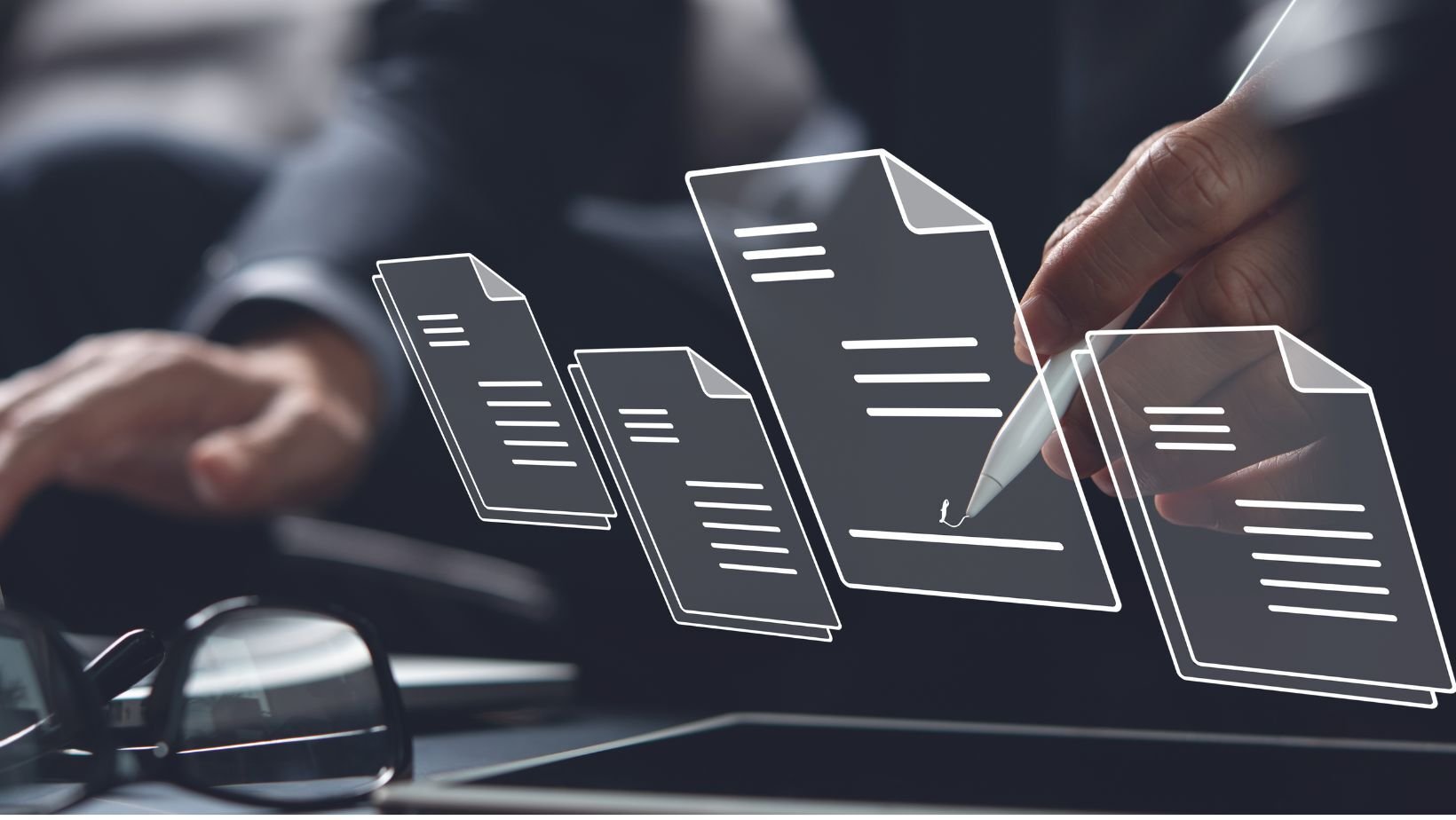 A business executive looks over a digitized depiction of a software license agreement.