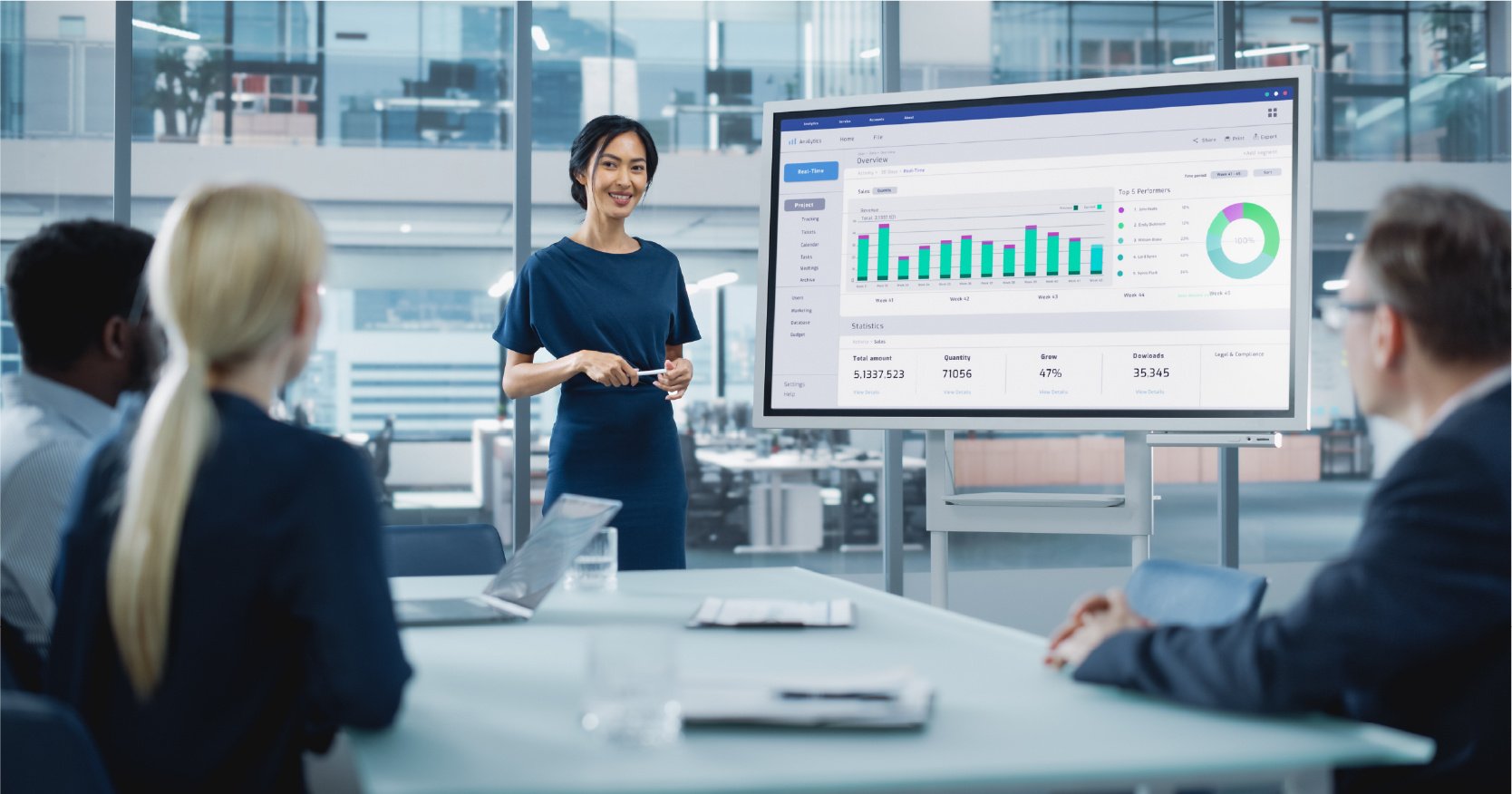 Manager giving presentation on large screen. 