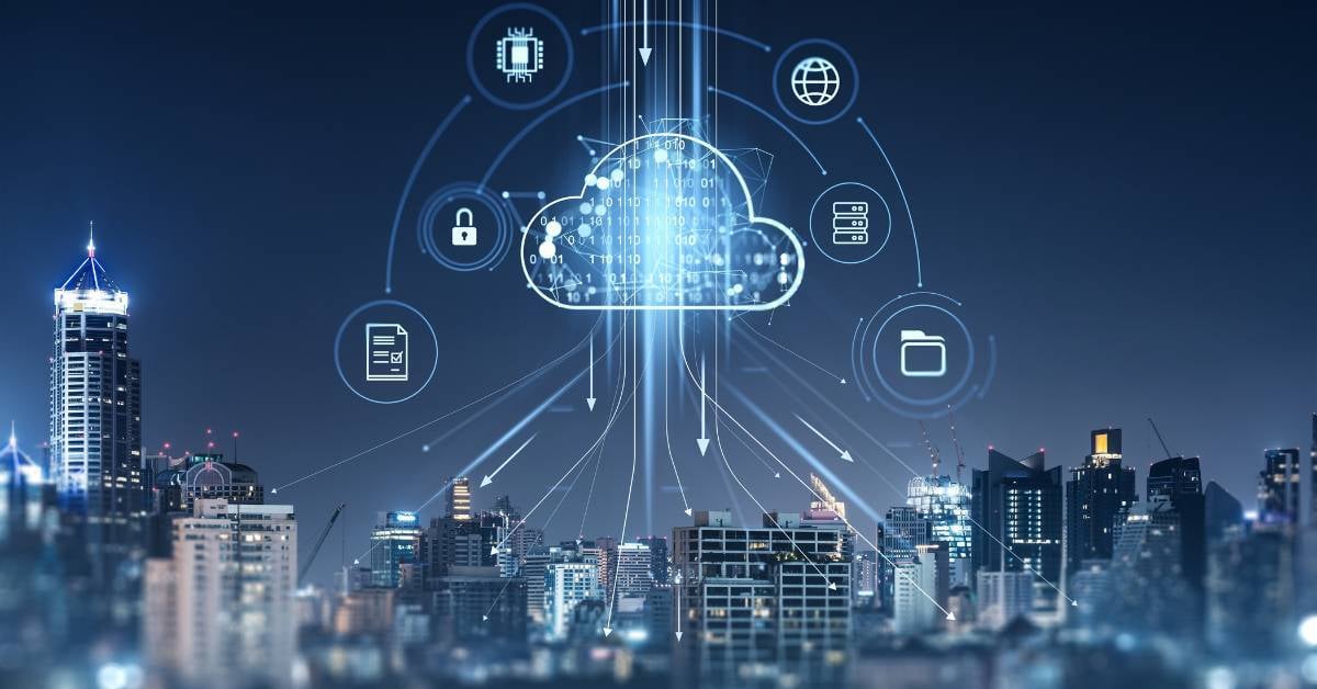 Cloud computing tools digitally over a citiscape. 