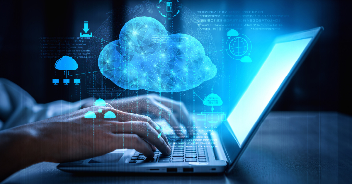 A closeup shot of an employee accessing cloud solutions, made possible by modern data center placement and design.