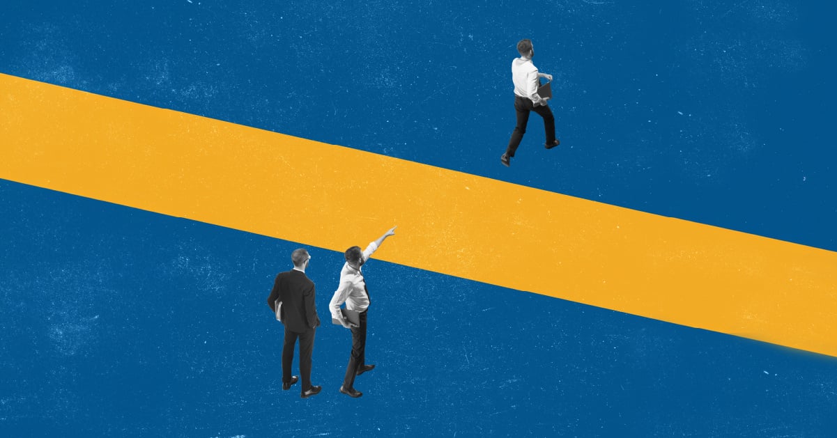 One business man is depicted crossing a boundary, which encourages others to do the same in an illustration of how social proof is used by scammers and hackers.