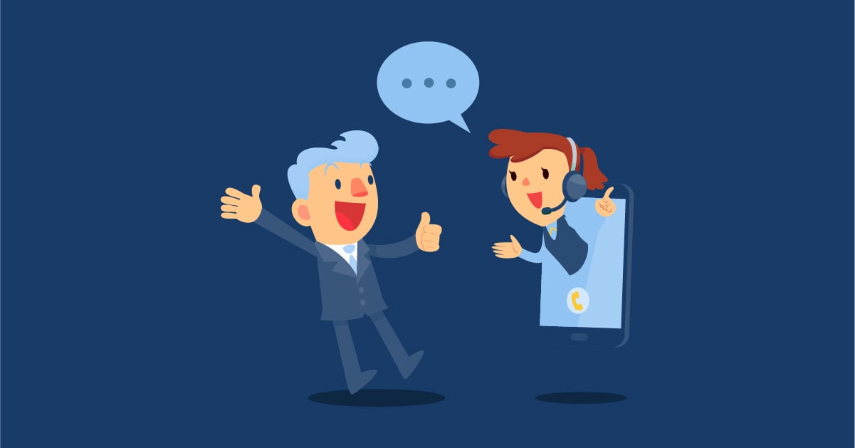 Memorably good customer experience illustrated by a smliing customer service rep coming out of a mobile phone to delight a business customer.