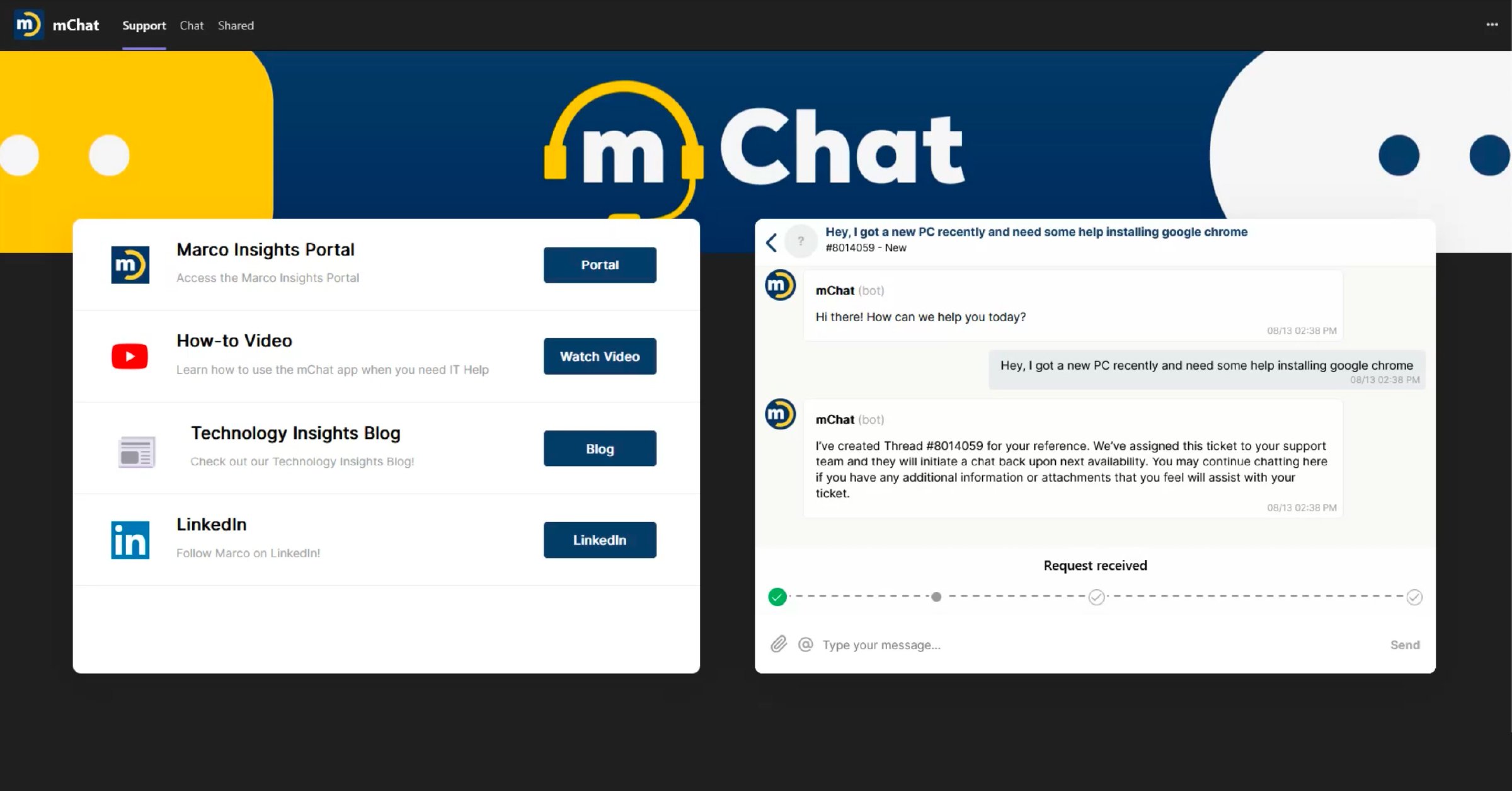A screenshot of mChat in action, processing an IT support issue.