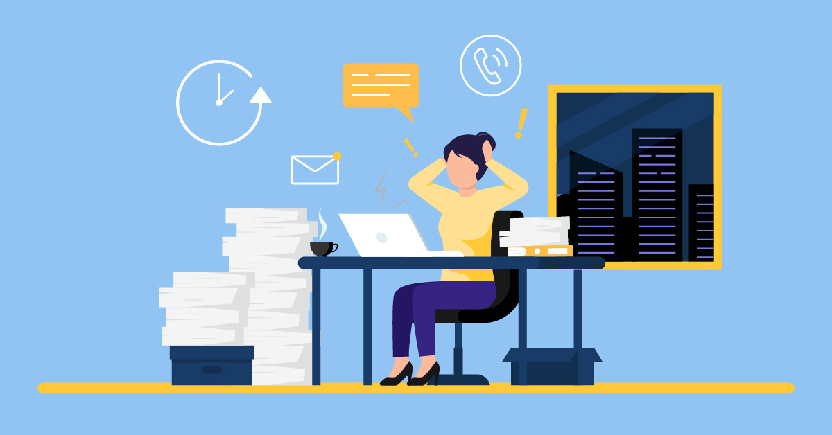 An illustration of a female worker getting overwhelmed by manual, paper-based processes.