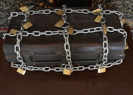 Suitcase wrapped with locks and chains. 