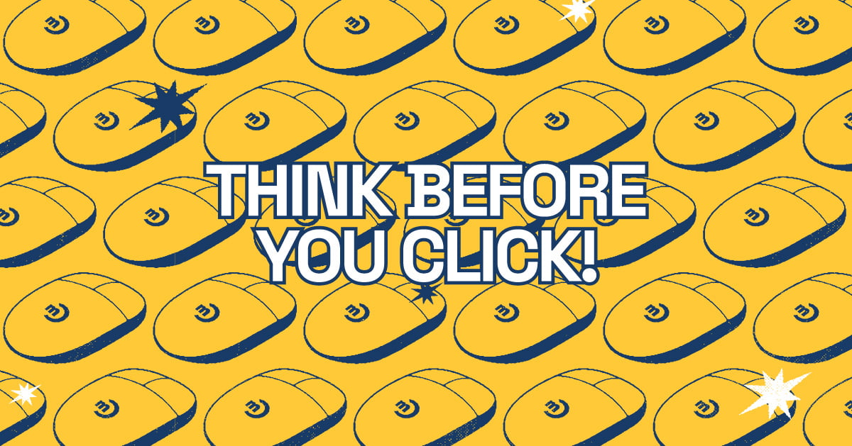 A vintage-looking image urging workers to think before they click, over a background of illustrated computer mice with the Marco logo on them.