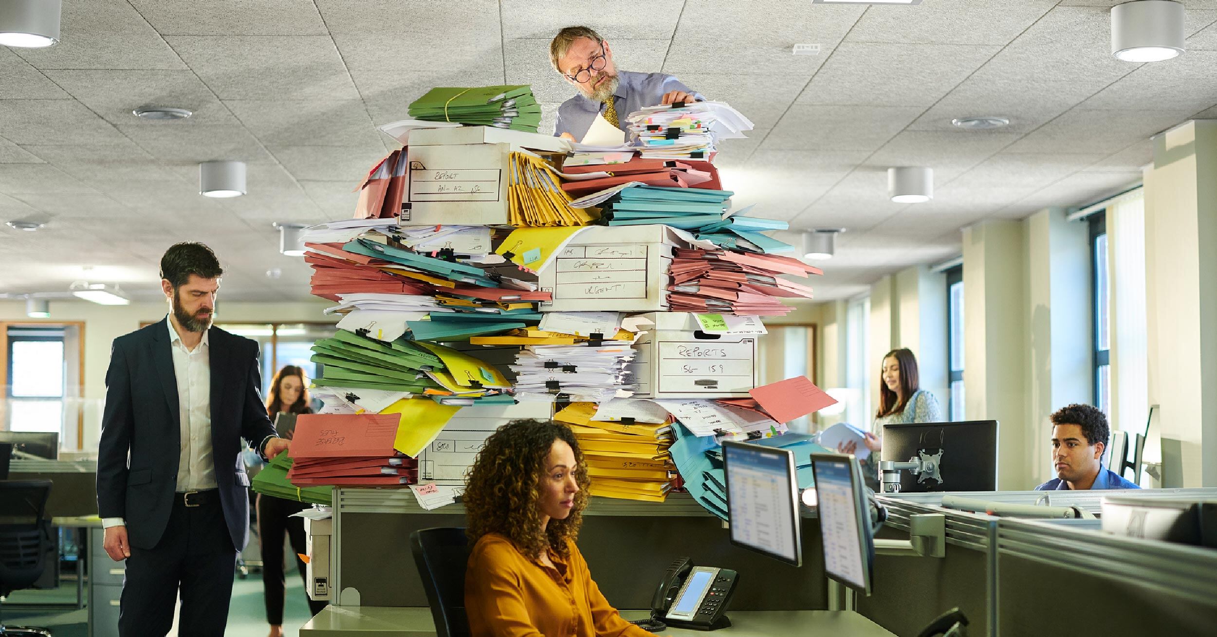 An extreme example of how wasteful printing habits can go unnoticed at an organization, wasting paper, driving up print costs, and taking up space.