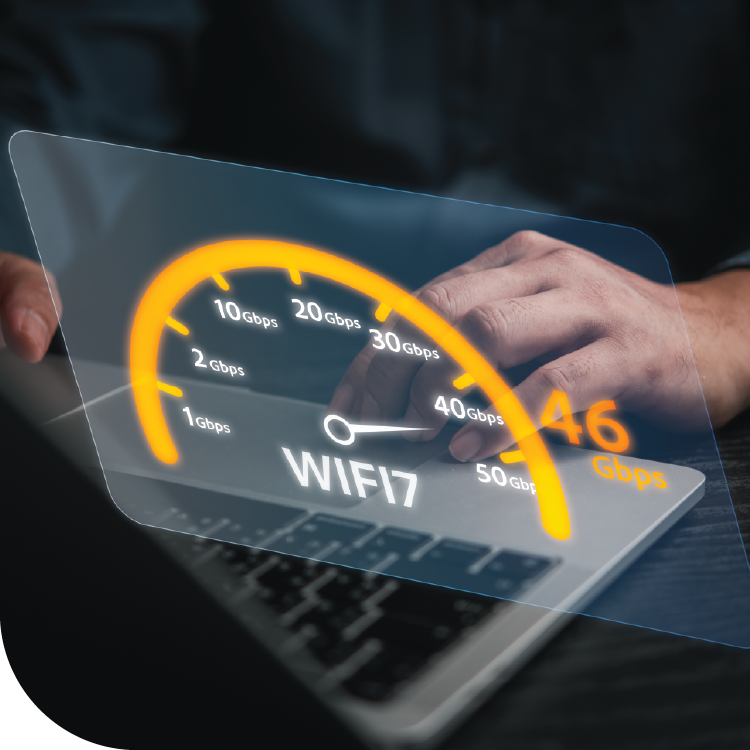 A wi-fi 7 speedometer, indicating speeds of 46 Gbps.